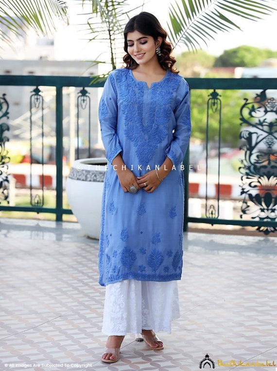 Buy Powder Blue Cotton Crepe long tunic dress with Floral Print