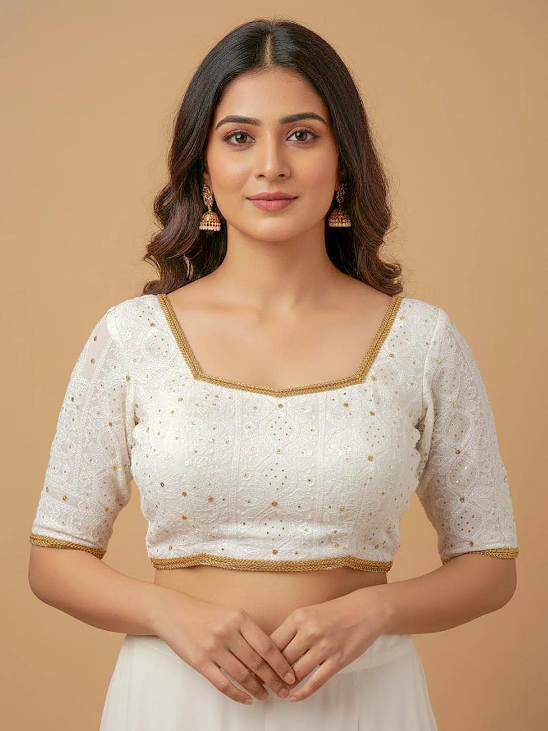 Pure Georgette Chikankari Blouse: Bollywood Party Wear, White Blouse, Mukaish Work, Handmade