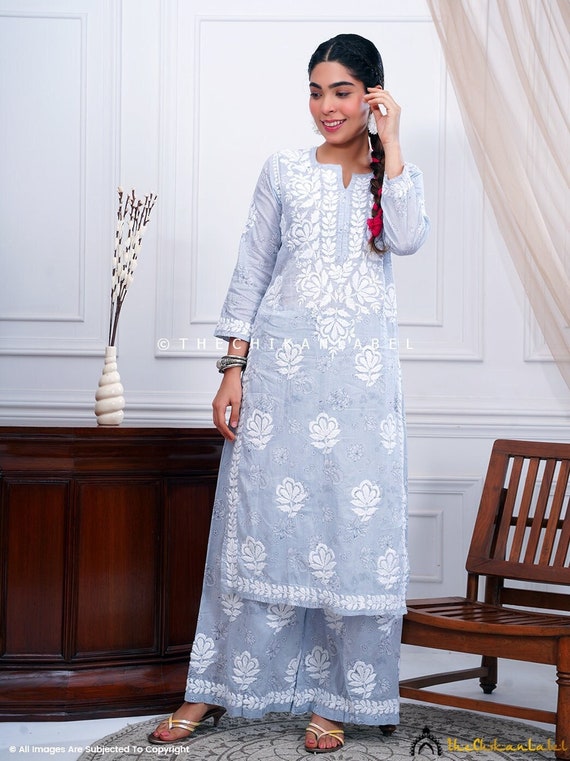 cotton dress set for ladies Handmade Grey Kurta Palazzo Set: Lucknow Chikankari Embroidery Non Stretch