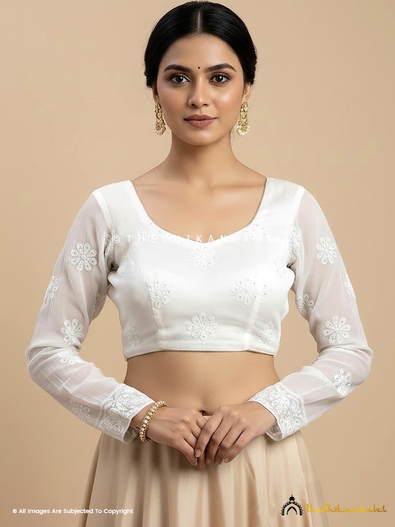 White Chikankari Blouse: Handmade Viscose Saree Blouse, Full