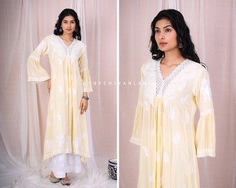 Beige Chikankari A-Line Kurti in Mulmul Cotton Fabric Lucknow Chikan Handmade Anarkali Kurti Indian Bollywood Designer Wear Dress