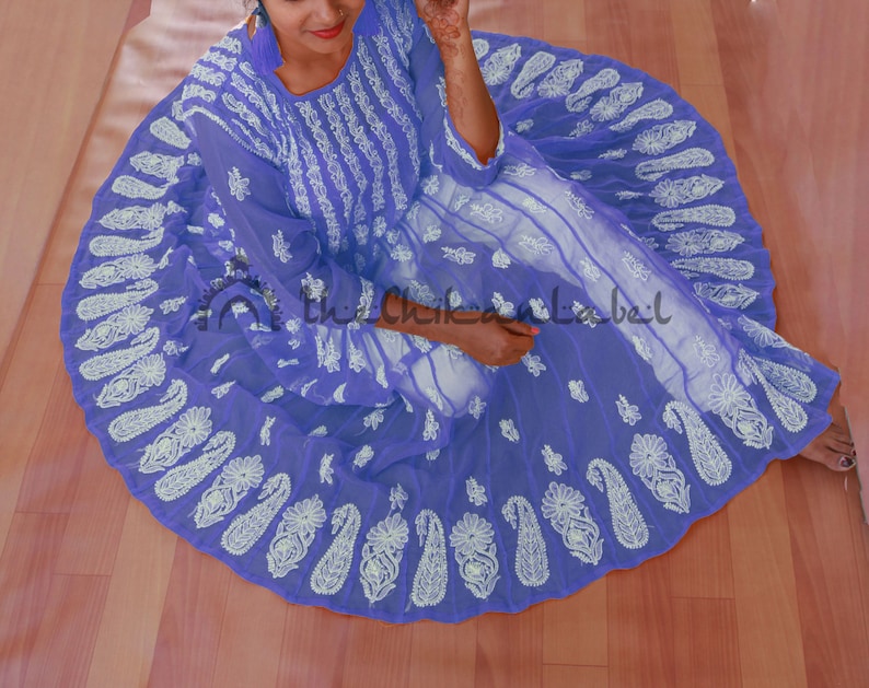 The Chikan Label Raksha Bandhan Special Ethnic Faux Georgette Chikankari 56 Kali Anarkali Kurti Hand Embroidery Lucknawi Handmade Kurta gown image 8