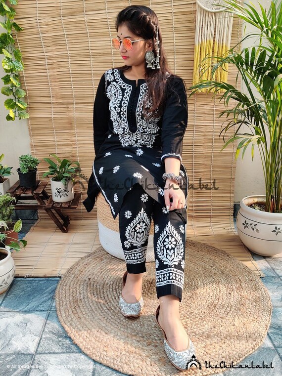 Black Cotton Kurti Pant Set Lucknawi 