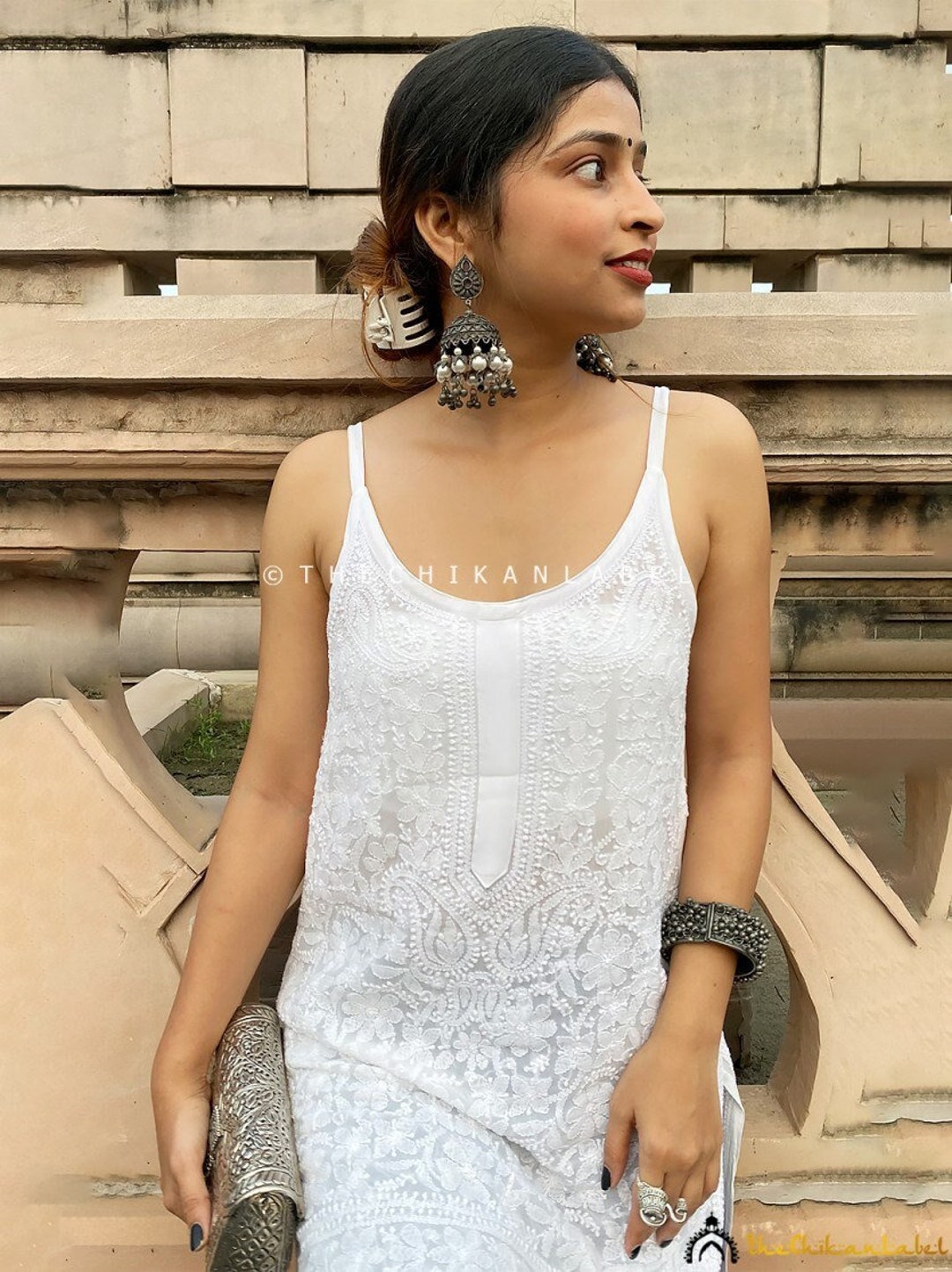 Chikankari Kurta Earrings On White Kurti Handmade White Chikankari