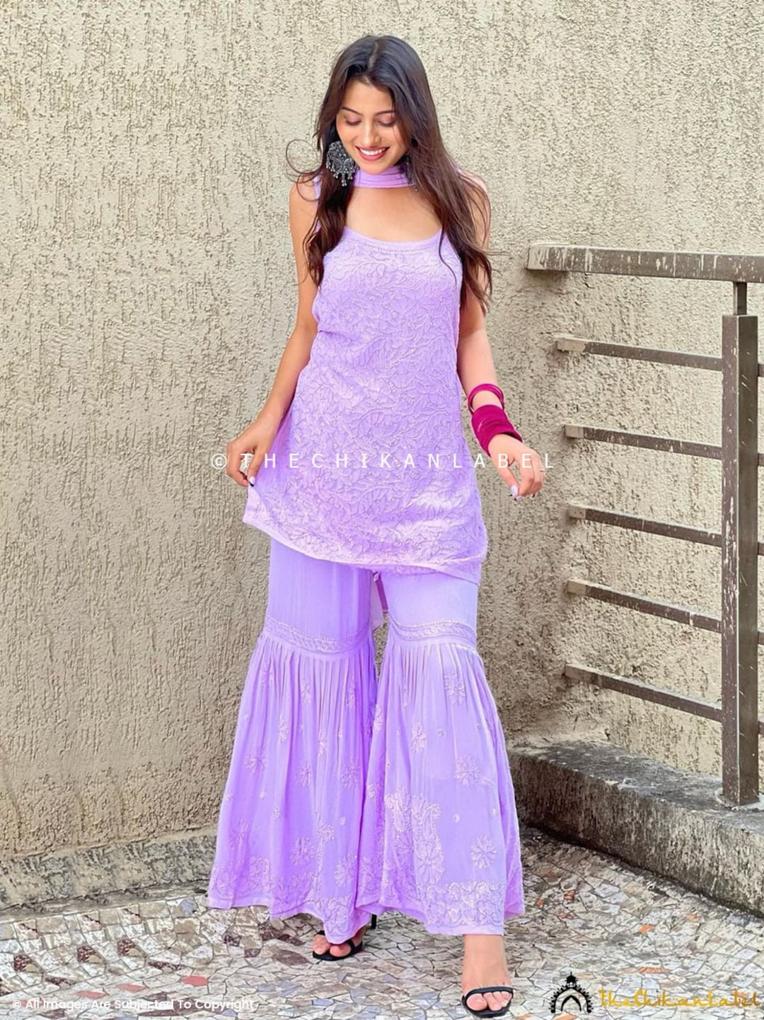 Handmade Lavender Chikankari Kurti Palazzo Set: Lucknow Viscose