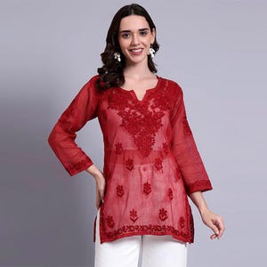 Maroon Kota Cotton Chikankari Kurti – Hand Embroidered Short Tunic, Summer Ethnic Top, Lucknowi Chikan Handmade Short Kurti for Her
