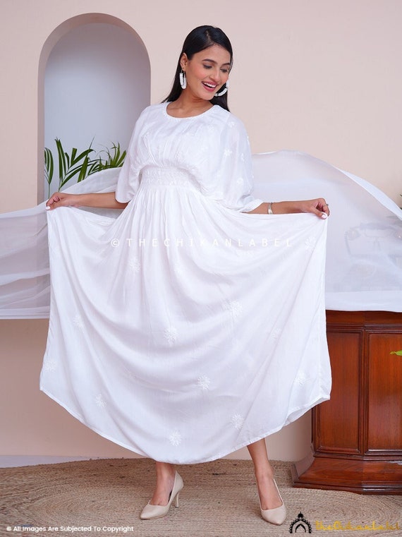 White Muslin Chikankari Kimono Kaftan Dress Indian Handcrafted Women Wear Maxi Dress Etsy UK