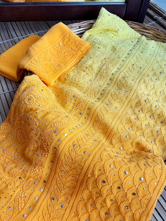 Handcrafted Yellow Ombre Viscose Chikankari Saree: Lucknowi