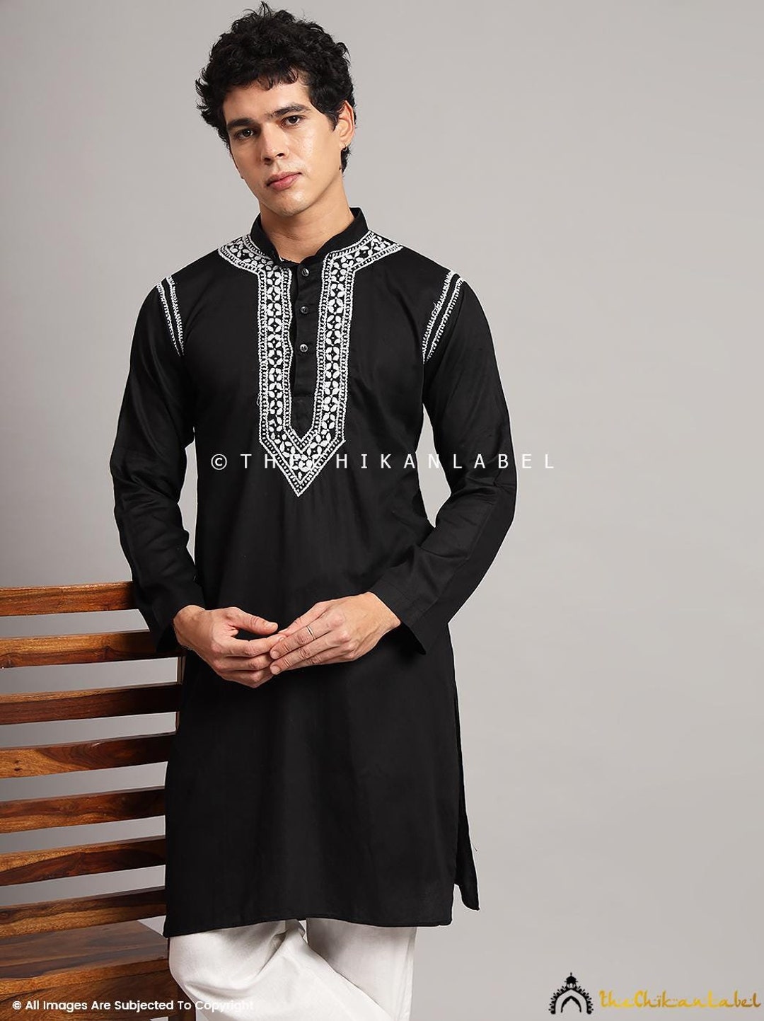 清原着用Nike ウォームアップウェア 黒 5 Kiyo刺繍 Black Cotton Mens Kurta Pajama Set: Lucknow Chikankari Embroidery