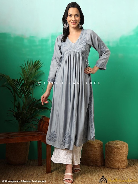 Hand Embroidered Chikankari Kurti: Grey Modal Anarkali Dress