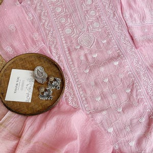 Pink - 2pc Mul Chanderi Semi Stitched Hand Beads Work Anarkali Heavy Chikankari Kurta Set 01