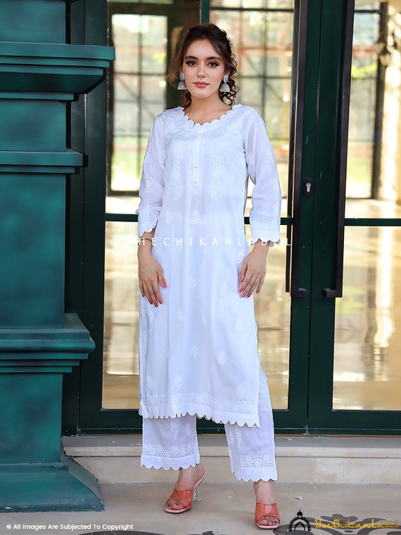 Buy Traditional Wear Musterd Chikan Work Pure Cotton Kurti With Palazzo  Online From Surat Wholesale Shop.