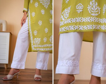 TheChikanLabel Pantalón de algodón blanco para kurtis, Pantalón Chikankari para mujer, Pantalón de desgaste inferior, Pantalón blanco para camiseta y top, Pantalón recto blanco