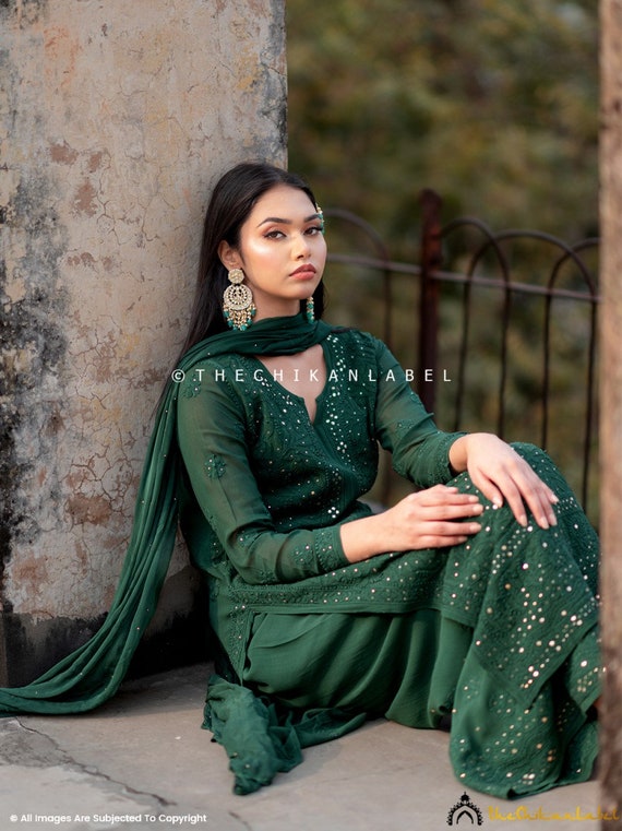 green chikankari dress Viscose Kurta Set: Handmade Indian Suit Ruched bodice