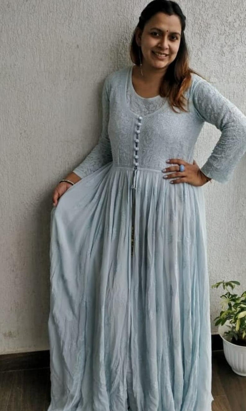 White Chikankari Mastani Anarkali Kurti Pure Georgette Lucknow Chikan Handwork Kurta Embroided Ethnic Wear Kurta Kaftan