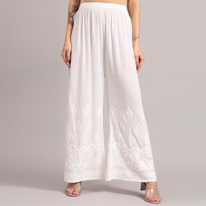 Relaxed Fit Chikankari Palazzo for Women - White