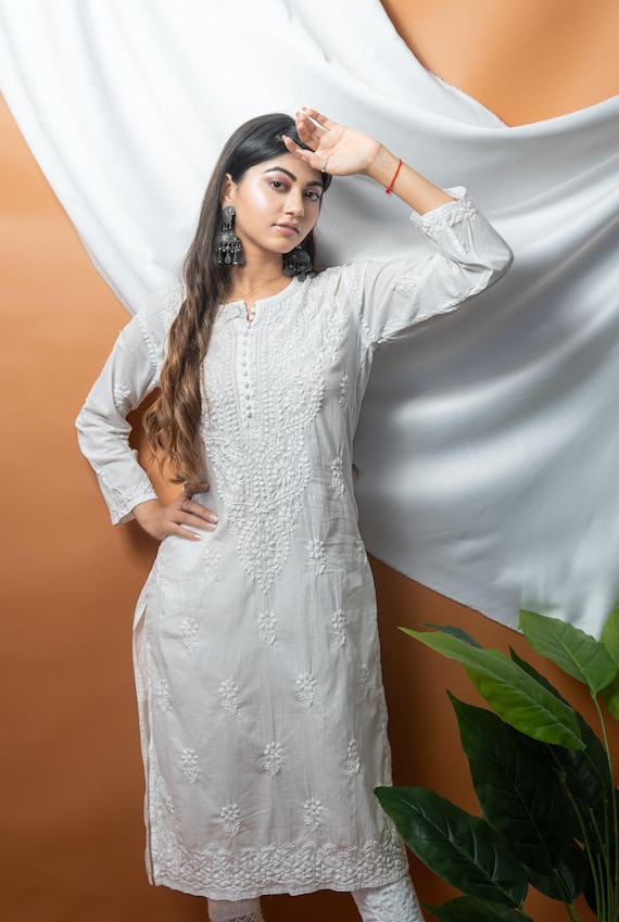 cotton kurti dress Hand-embroidered Chikankari Kurti: White Organic Cotton Lucknowi Kurta