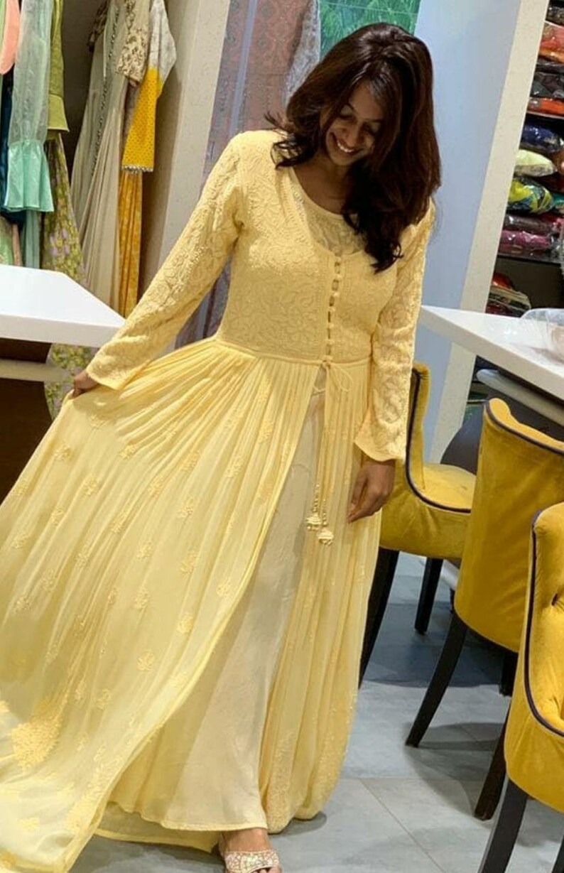 White Chikankari Mastani Anarkali Kurti Pure Georgette Lucknow Chikan Handwork Kurta Embroided Ethnic Wear Kurta Kaftan