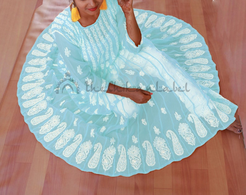 The Chikan Label Raksha Bandhan Special Ethnic Faux Georgette Chikankari 56 Kali Anarkali Kurti Hand Embroidery Lucknawi Handmade Kurta gown image 7