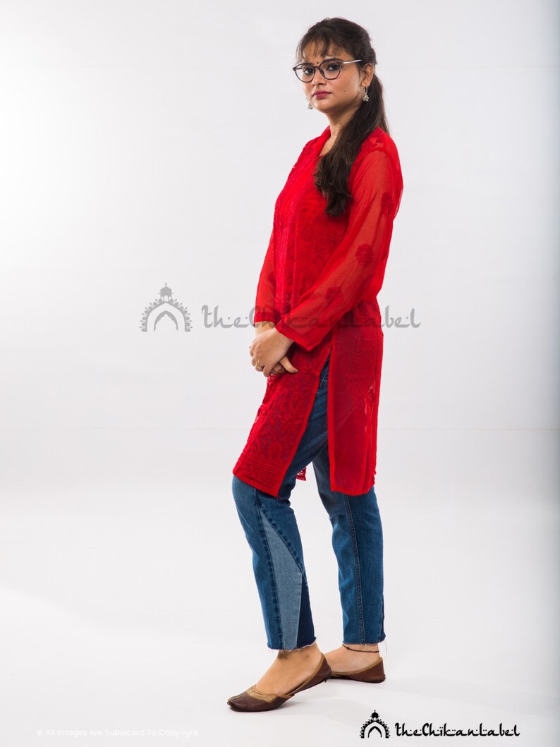 red chikan kurta
