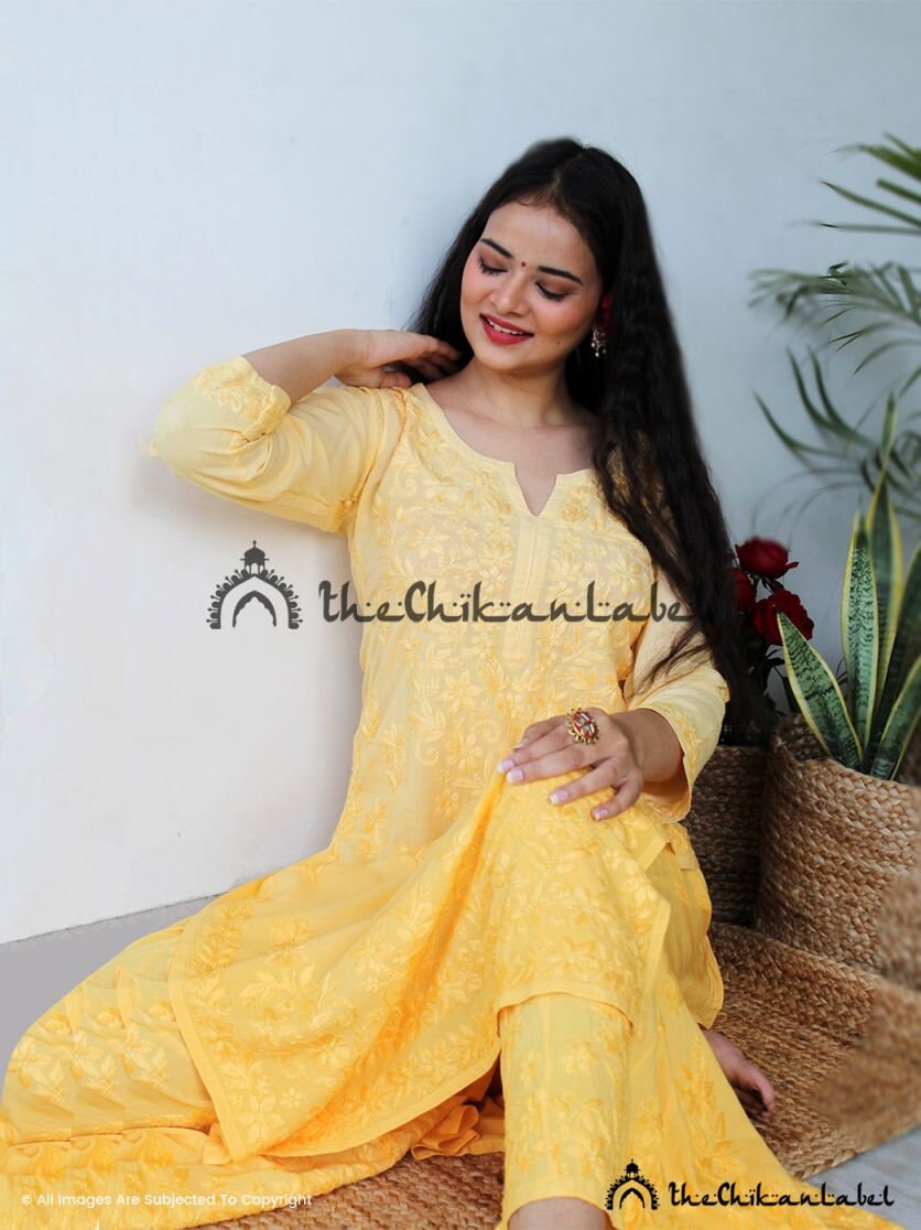 Thechikanlabel Yellow Kurta Sharara Set Lucknawi Chikankari | Etsy