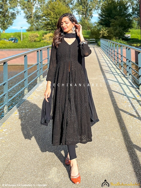 Buy DIVINATION™ Polyester Kurta Chikankari Black Straight 3/4 Sleeve Kurti  for Girls | Women at Amazon.in