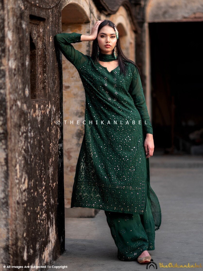 green emerald velvet dress SEA GREEN CHIKANKARI SUIT SET main image 1