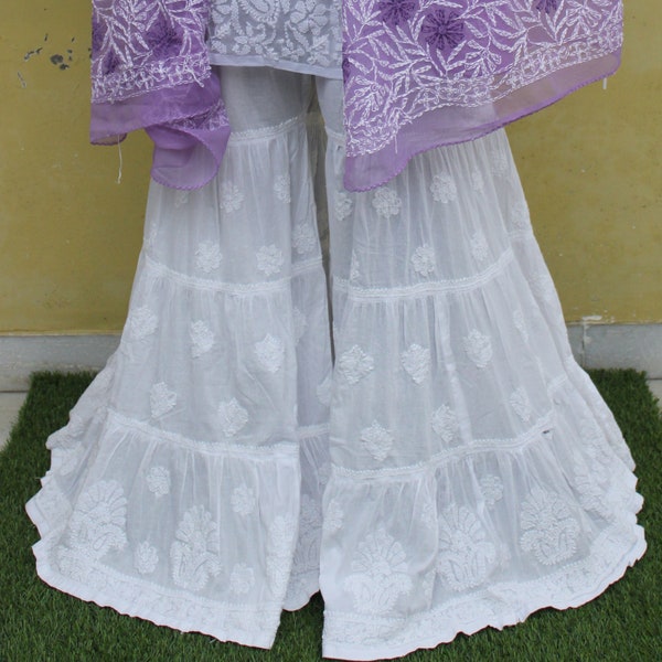 The Chikan Label Pure Cotton Chikankari White Sharara Garara Palazzo Lucknawi Traditional Chikan Bottom Pants Thread work gharara skirt