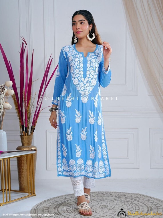 Navy-blue embroidered cotton chikankari-kurtis - Saadgi - 3089245
