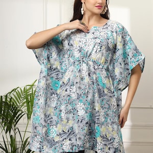 Green Handmade Mulmul Organic Cotton Chikankari Short Kaftan, Kaftan Top for Women, Lucknowi Chikan, Hand Embroidered Casual wear Top Tunic