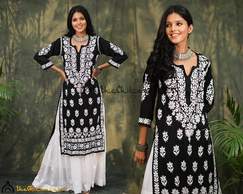 New Indian Lucknawi Chikankari Cotton Kurti Ethnic Handmade Kurta Kaftan Shirt..