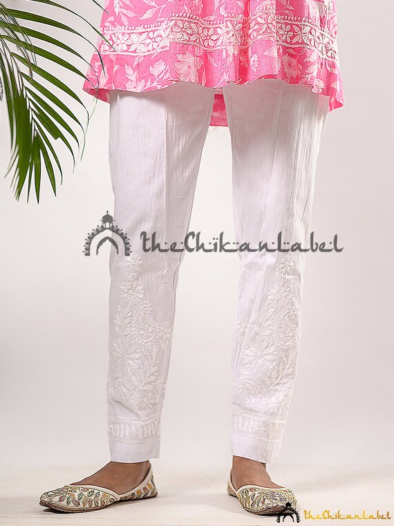 Women's White Straight Chikan Palazzo - Wahe-NOOR – Trendia