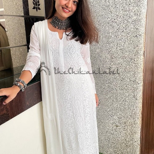 White Chikankari Kurti Palazzo Set: Handmade Indian Salwaar White Chikankari Kurti Palazzo Set: Handmade Indian Salwaar