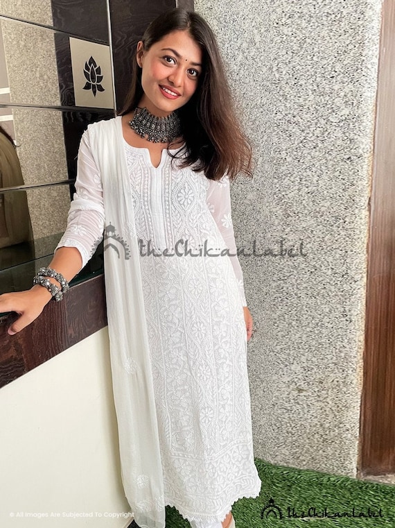 White Chikankari Kurti Palazzo Set: Handmade Indian Salwaar Kameez