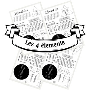 Peut inclure: Une illustration en noir et blanc des quatre éléments : feu, air, eau et terre. L'illustration comprend des signes du zodiaque, des symboles et du texte en français. Le texte indique "Les 4 éléments".