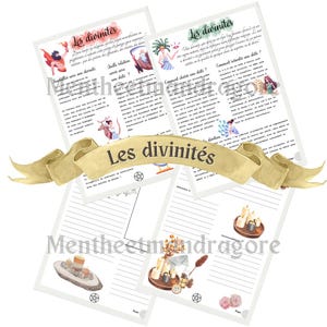 Könnte beinhalten: Ein druckbares Arbeitsblatt mit dem Titel "Les divinités" auf Französisch. Das Arbeitsblatt ist in Abschnitte mit Text über Gottheiten und die Wahl einer Gottheit unterteilt. Das Arbeitsblatt enthält auch Illustrationen von Gottheiten.