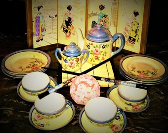 Vintage Miniature Porcelain Lusterware Tea Set Japan