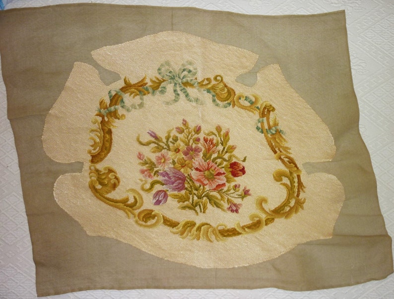 Pair of Antique Handmade Needlepoint Floral Tapestry Chair Covers for Upholstery