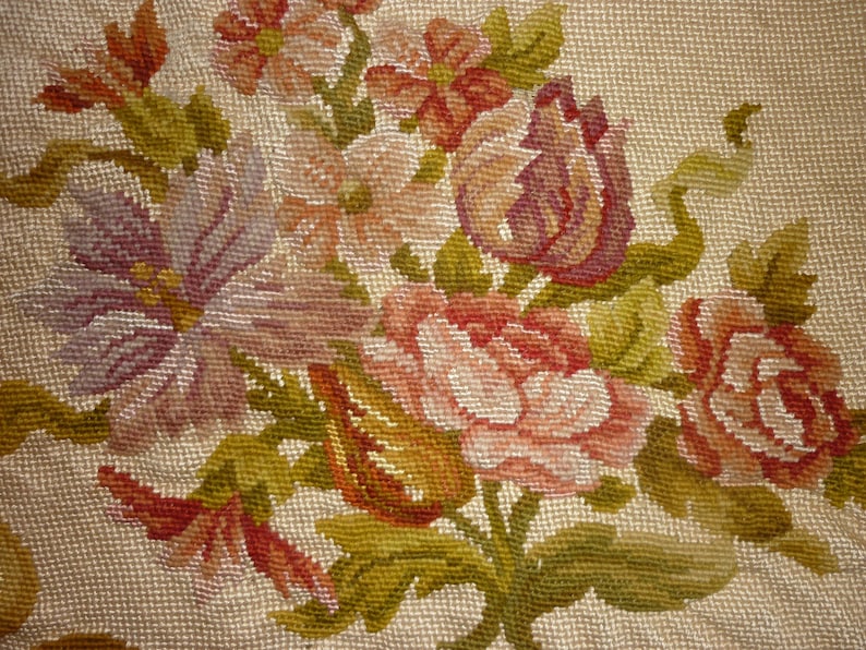 Pair of Antique Handmade Needlepoint Floral Tapestry Chair Covers for Upholstery