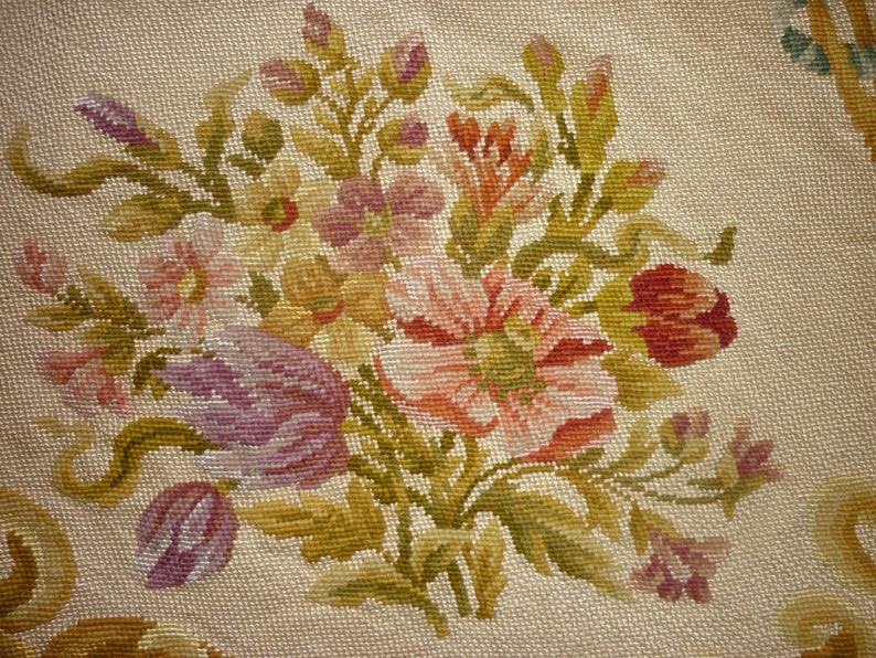 Pair of Antique Handmade Needlepoint Floral Tapestry Chair Covers for Upholstery