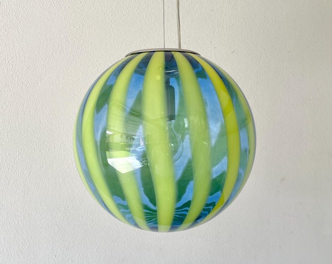 Murano glass chandelier TRASPARENZE blue with lemon yellow rods by Effetre Murano, mouth-blown and hand-crafted