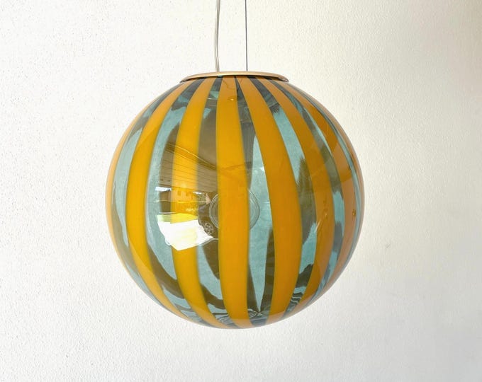 TRASPARENZE green Murano glass chandelier with amber/yellow rods by Effetre Murano, mouth-blown and hand-crafted