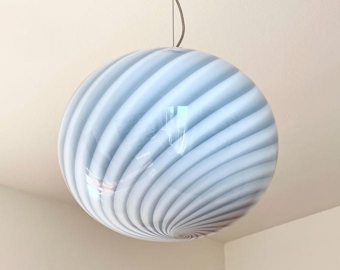 CLOUD BLUE MURANO oval, large ceiling lamp with swirl rigadin glass, golden frame