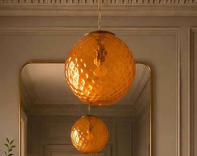 Lovely Murano ceiling lamp, vintage 80s, with orange Baloton glass D25