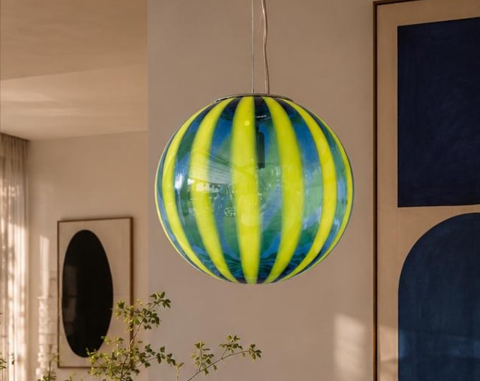 TRASPARENZE chandelier in blue Murano glass with lemon yellow rods by Effetre Murano, mouth-blown, hand-crafted - silver frame D30
