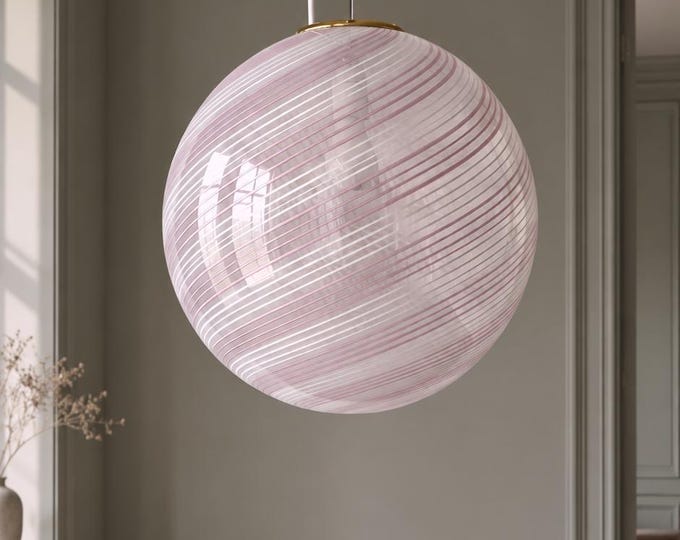 De Majo Murano Glass Pendant Lamp, 1970s, Pink and White swirl filigree, Italian Vintage Lighting