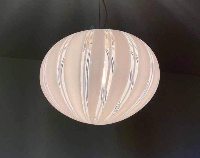 Gorgeous large Murano glass chandelier with filigree and white canes, modern Italian 70s