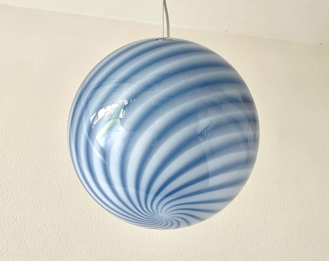 ROYAL BLUE MURANO D 30 ceiling lamp with swirl rigadin glass, silver frame