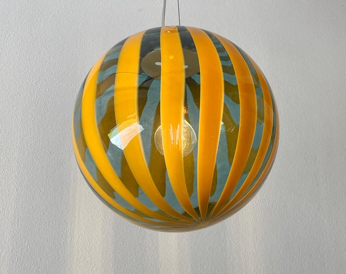 TRASPARENZE green Murano glass chandelier with amber/yellow rods by Effetre Murano, mouth-blown and hand-crafted