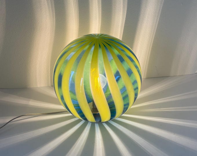 TRASPARENZE blue Murano glass table lamp with yellow rods by Effetre Murano, mouth-blown and hand-crafted